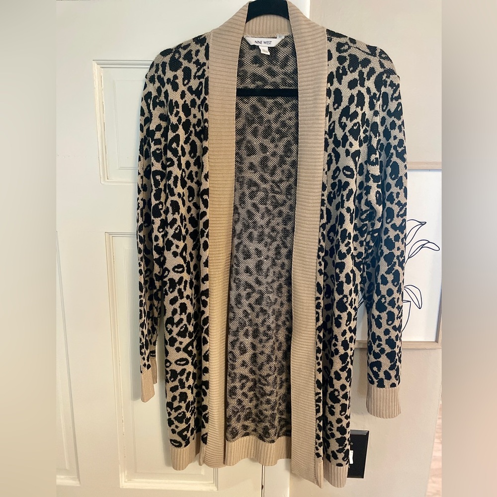 Nine West Women's Beige and Black Leopard Cardigan Sweater - Picture 2 of 8